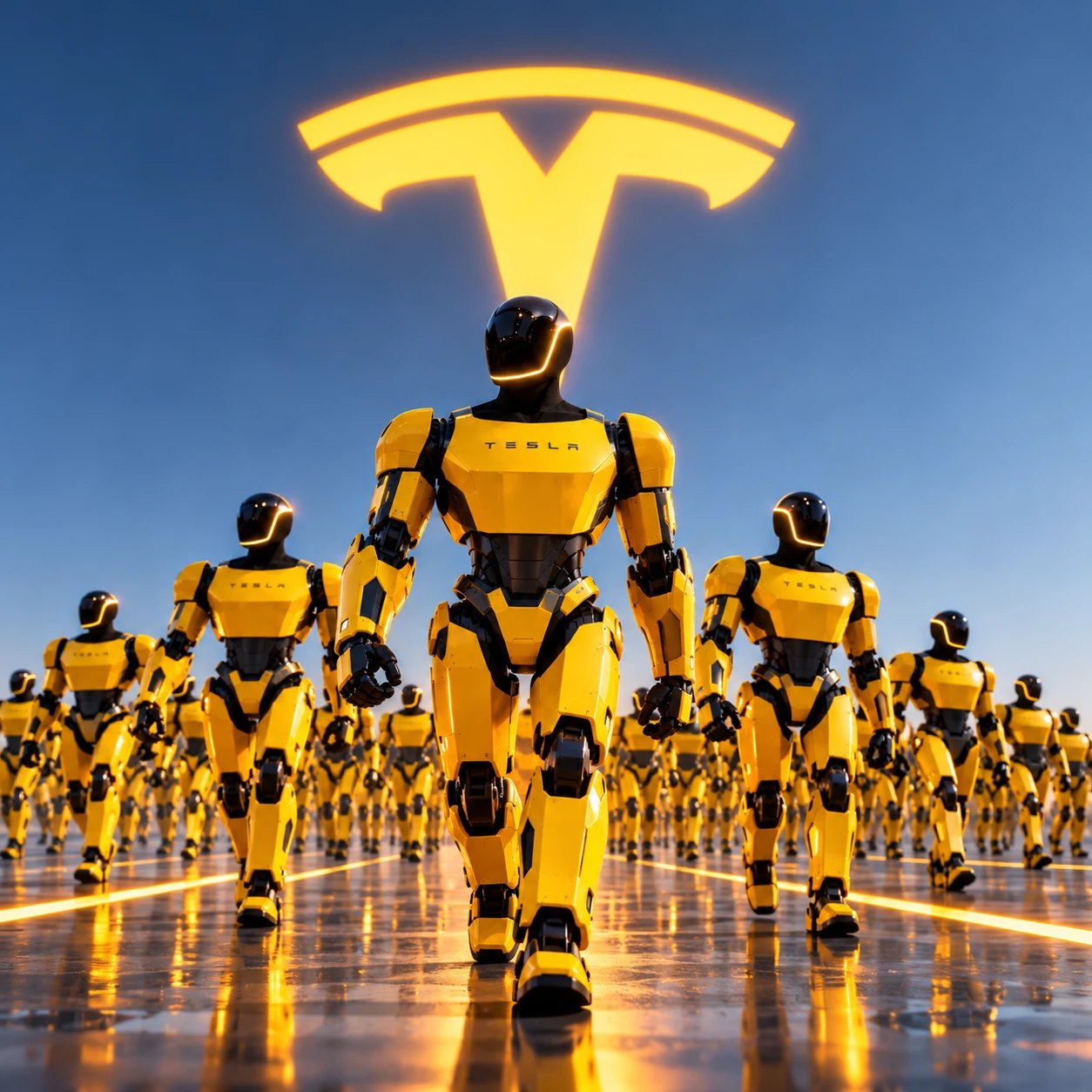 An army of yellow robots marching under a glowing T logo