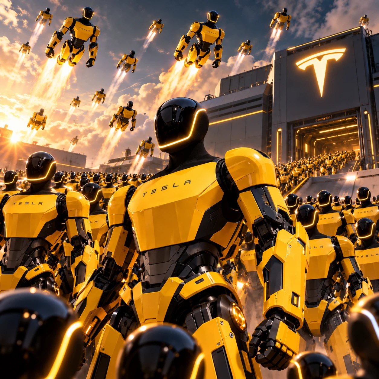 Hundreds of yellow robots, some flying with jets, leaving a giant factory